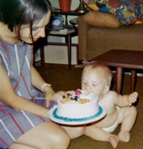 Mom letting me eat cake while sitting on the carpet
